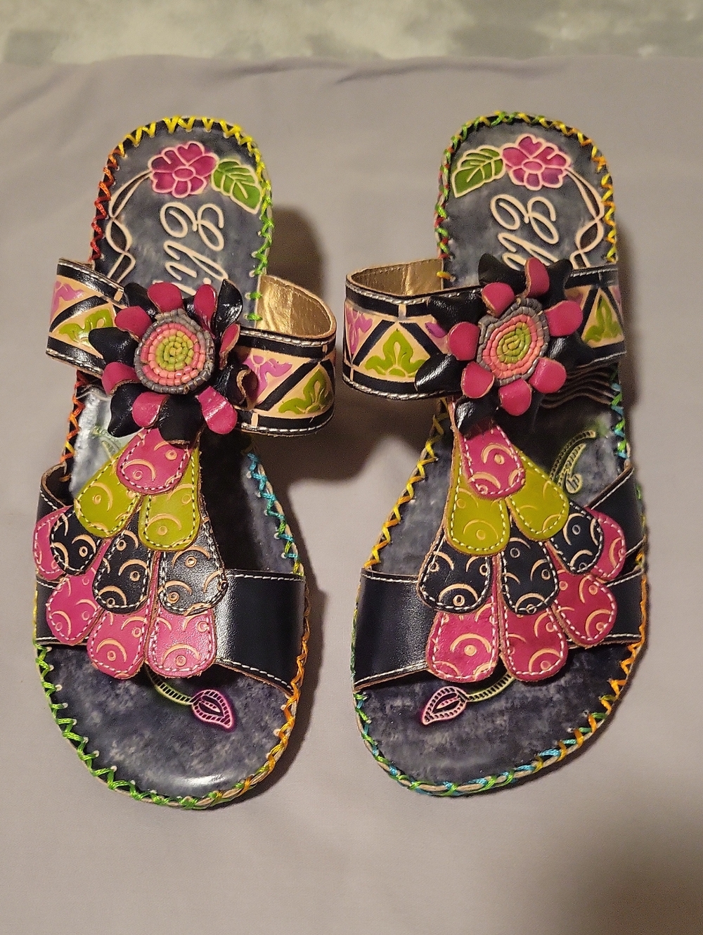 Boho Floral Leather Slide Sandals - Multicolor